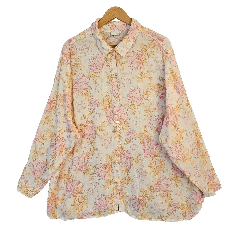 J Jill Love Linen Button Up Tunic Top Womens 3X Soft Pink Coral Sea Turtles